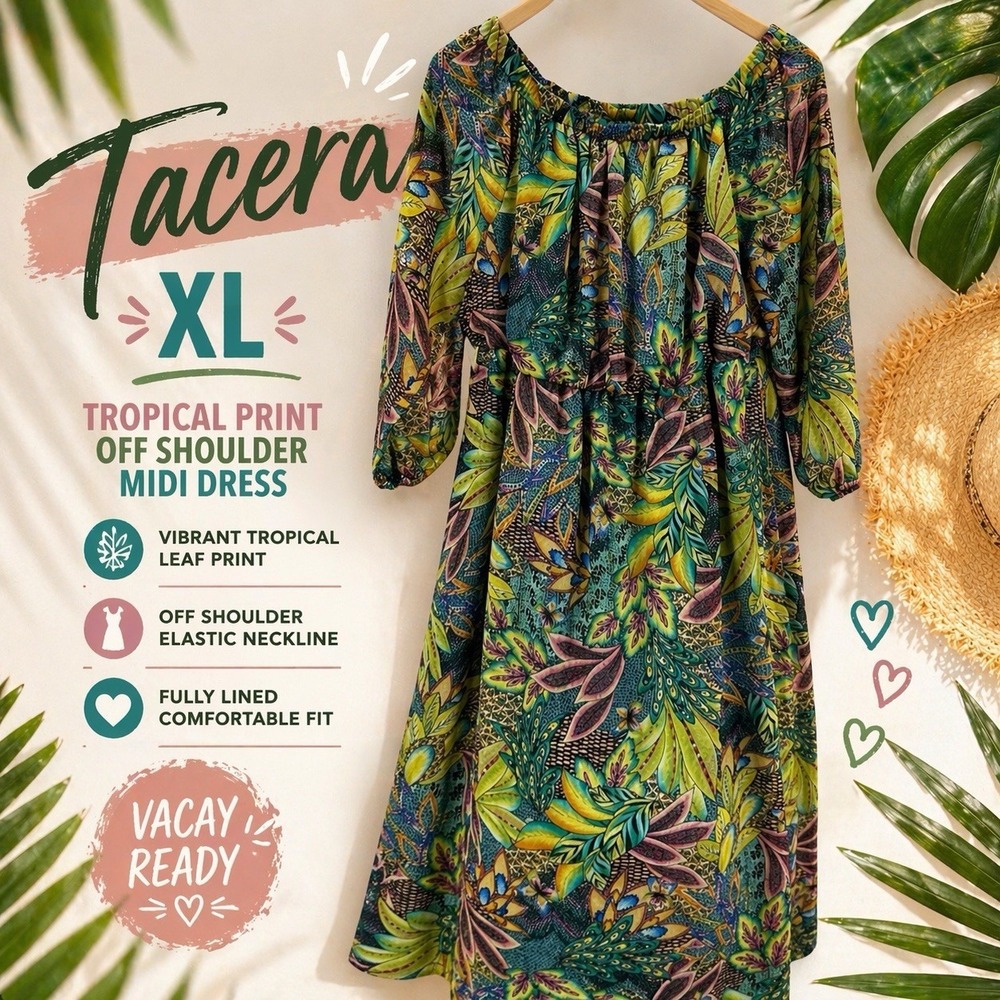 Tacera XL Tropical Leaf Print Off Shoulder Midi Dress Boho Resort Vacation Lined